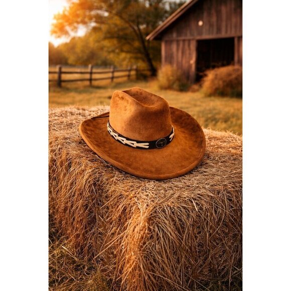 Zapvintage Accessories - New Brown Cowboy Cowgirl Hat Western Style Bull Pendant Strap Men Women Retro